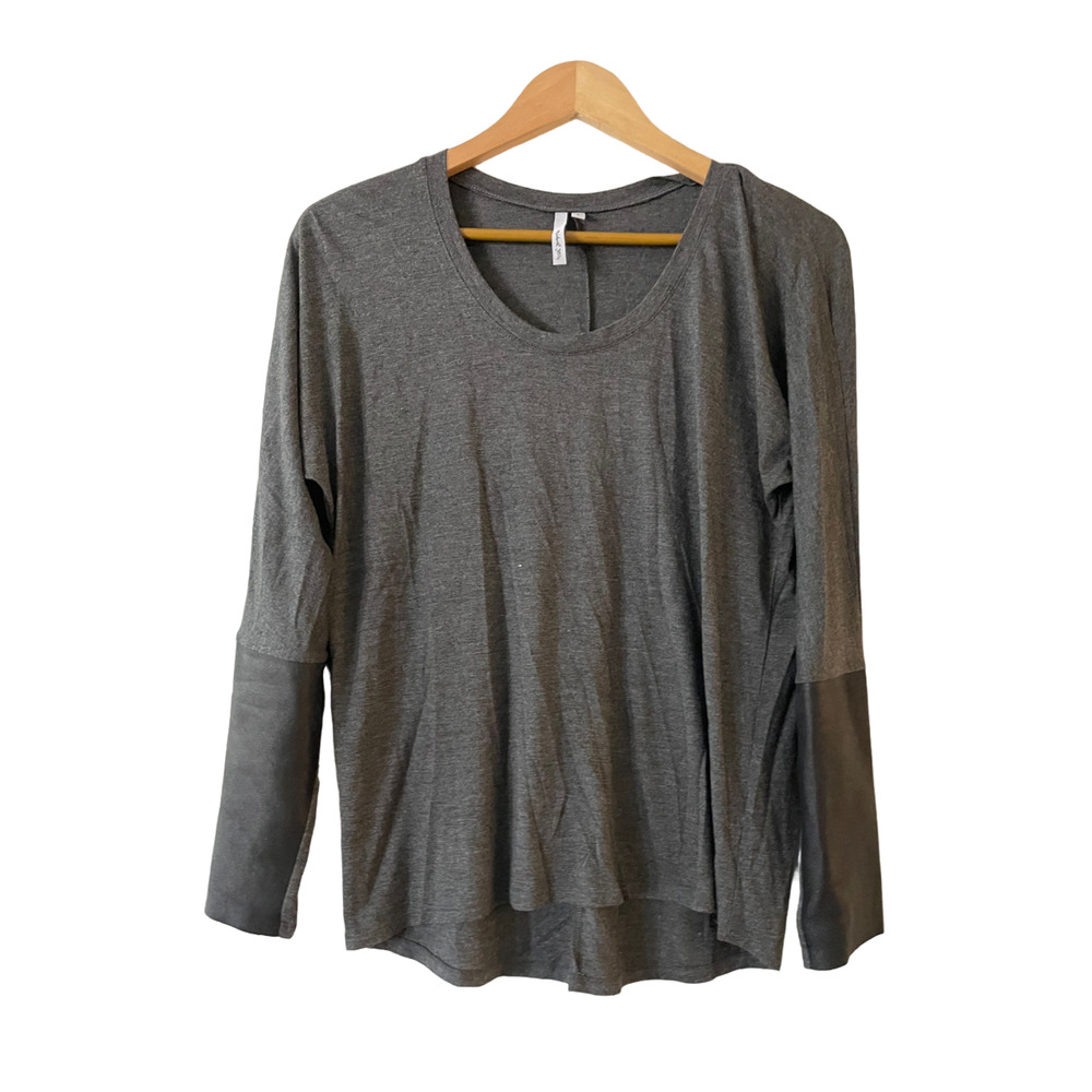 Michael Stars Size S Womens Gray Leather Trim Long Sleeve Top Scoop Neck Hi-Low